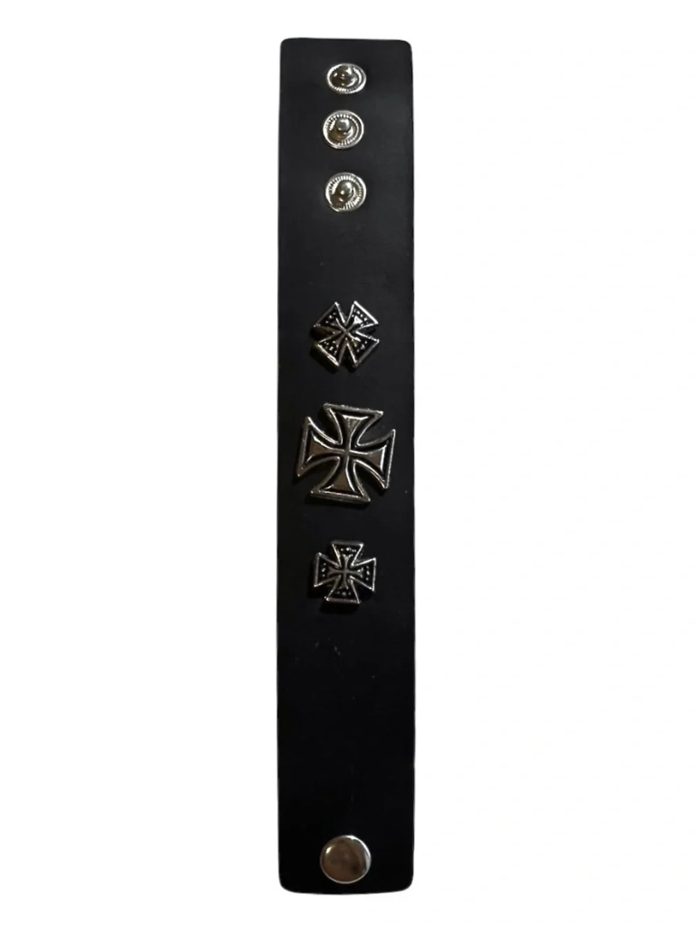 Black leather cuff bracelet featuring three silver-toned Cross